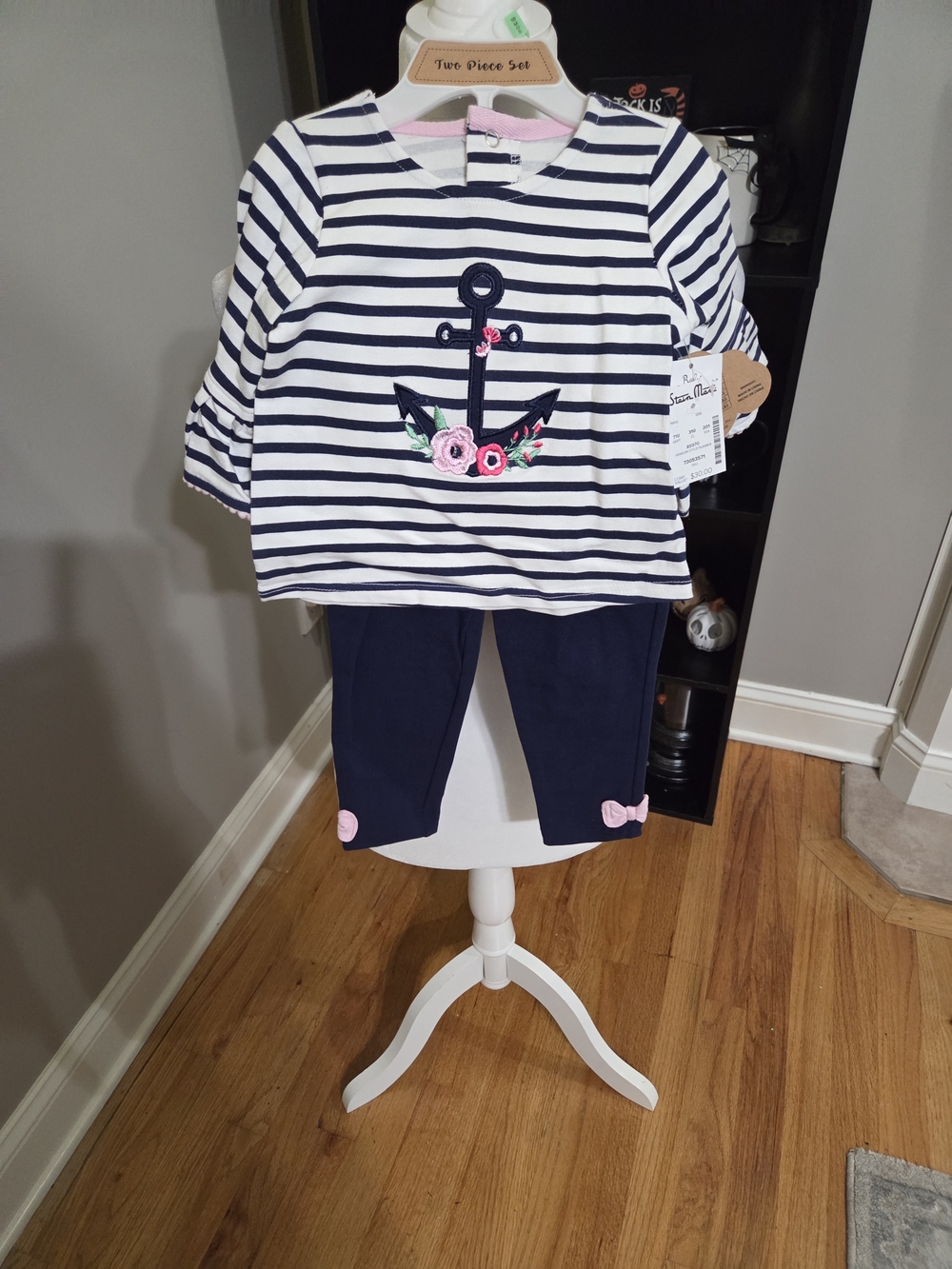 Nautical Stripe Anchor Top and Navy Leggings Set - Pink Accent